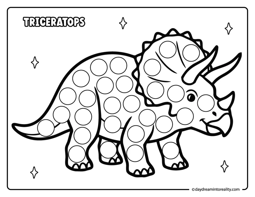 Triceratops dot marker printable for preschool kids featuring a horned dinosaur with circles for a fun dot marker activity.