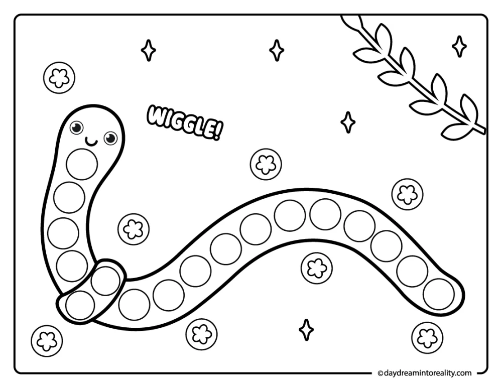 Worm dot marker printable for preschool and pre-k kids. A simple fine motor skills activity using dot markers.