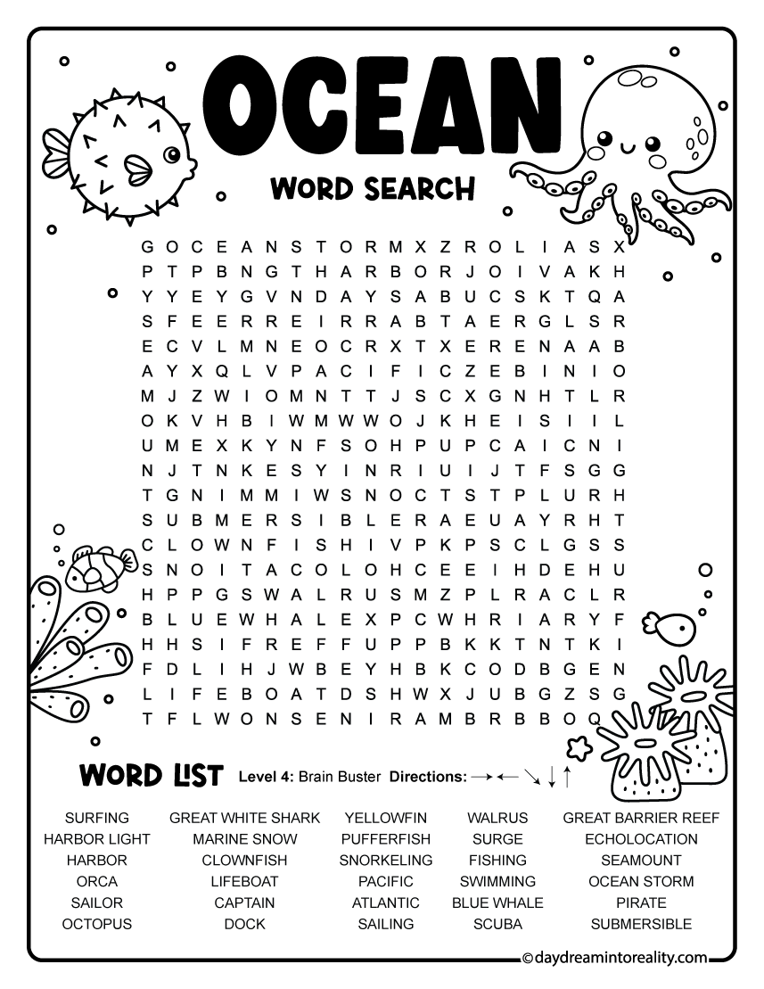 Advanced Ocean Word Search free printable PDF with 30 words for good readers for good readers, second grade, and third grade.