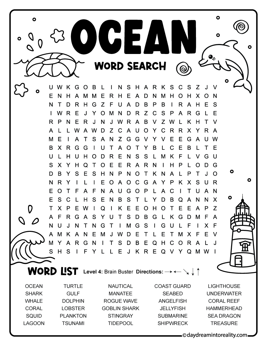 Challenging Ocean Word Search free PDF page with 30 words for good readers for summer for good readers, second grade, and third grade.