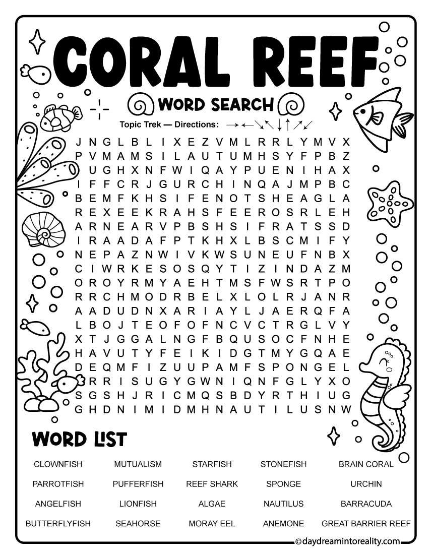 Coral Reef Ocean Word Search free printable PDF with 20 themed vocabulary words for summer for classroom, homeschool, and vocabulary practice.