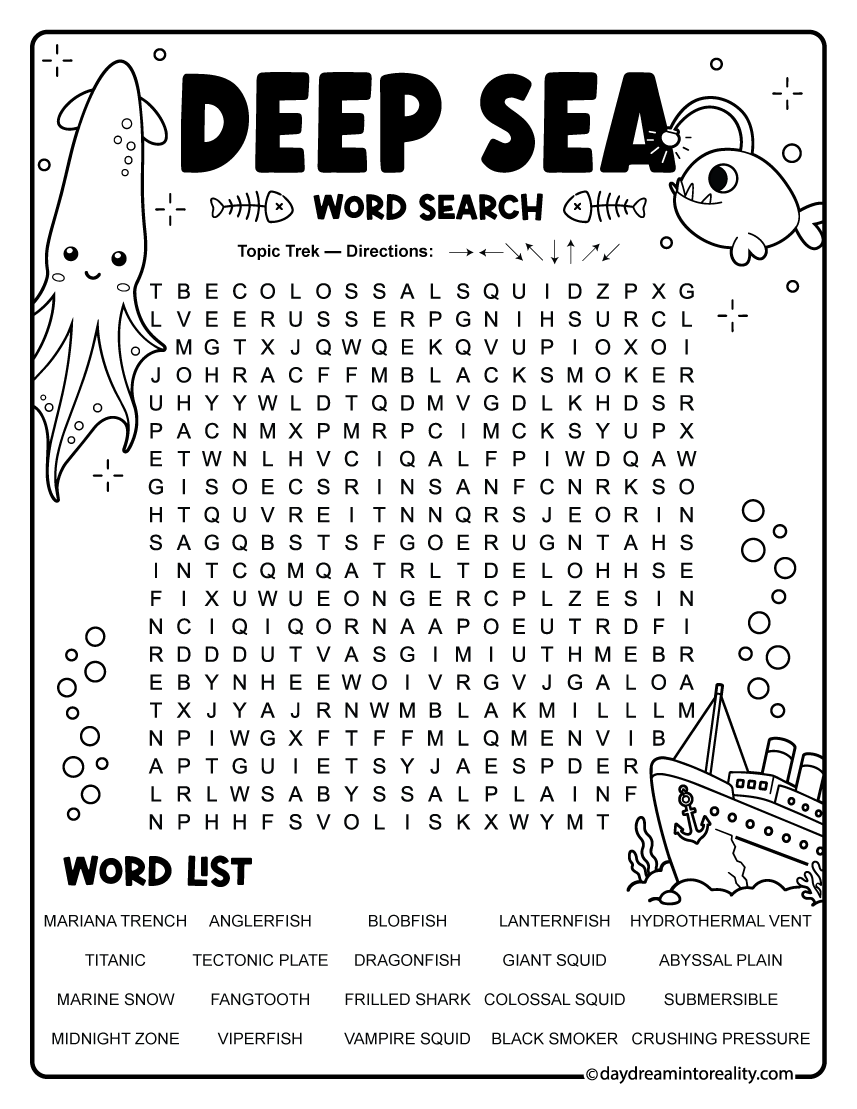 Deep Sea Ocean Word Search free PDF page with 20 themed vocabulary words for classroom, homeschool, and vocabulary practice.
