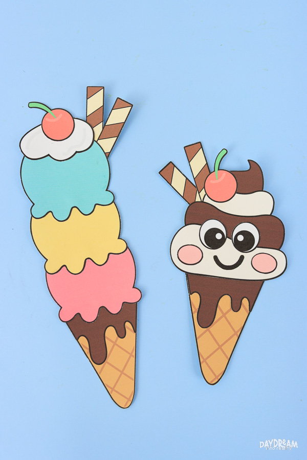 Easy ice cream craft for kids featuring printable soft serve and kawaii ice cream cone paper crafts with colorful scoops and wafer sticks.