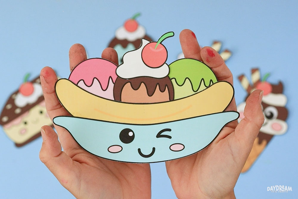 Easy ice cream craft for kids featuring a printable banana split craft with colorful scoops, whipped cream, and cherry toppings.