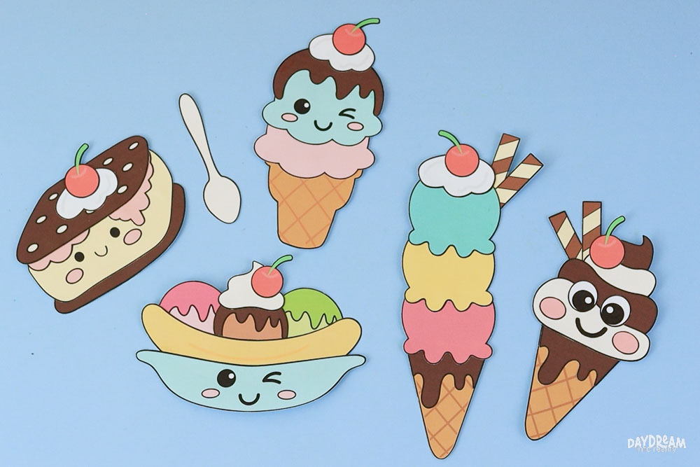 5 different easy ice cream crafts for kids. Cone, double and triple scoop, soft serve, ice cream and banana split.