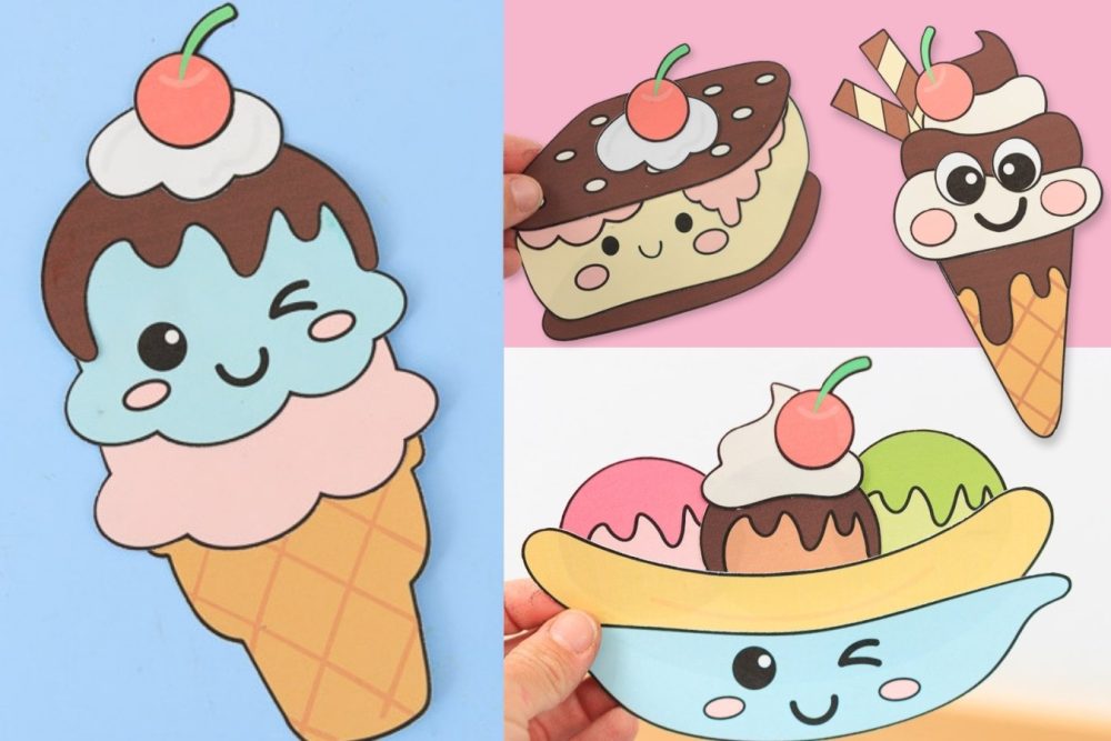 Easy ice cream craft for kids featuring printable kawaii cones, banana split, soft serve, and ice cream sandwich paper crafts with free templates.