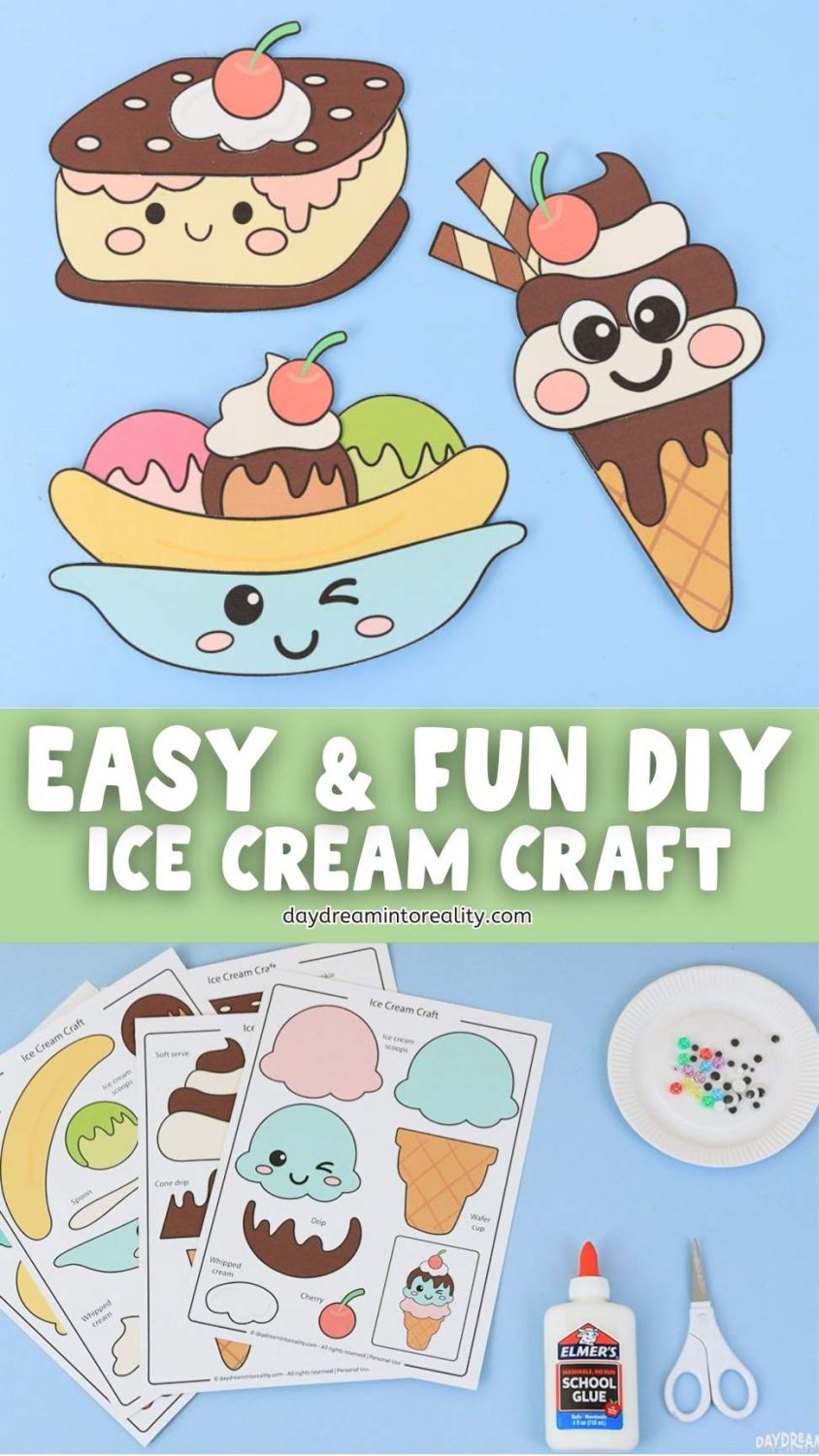 Fun DIY ice cream craft for kids with printable summer dessert templates including kawaii ice cream cones, banana split, and sandwich crafts.