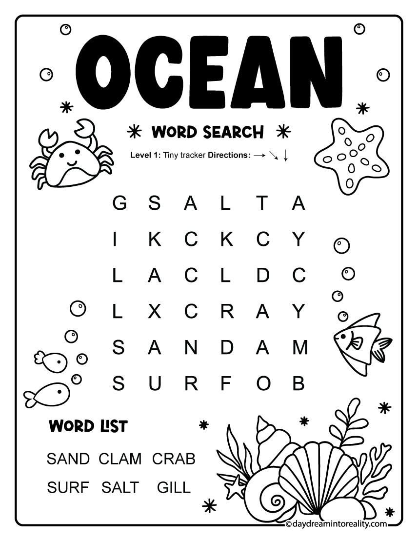 Easy Ocean Word Search free printable PDF with 6 words (CCVC, CVCC) for summer, for early readers and kindergarten.