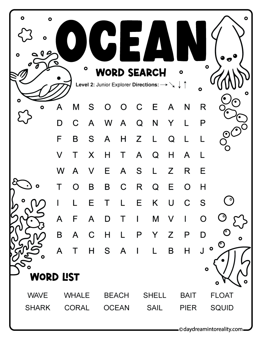 Easy Ocean Word Search printable puzzle with 12 words for kindergarten and first grade.