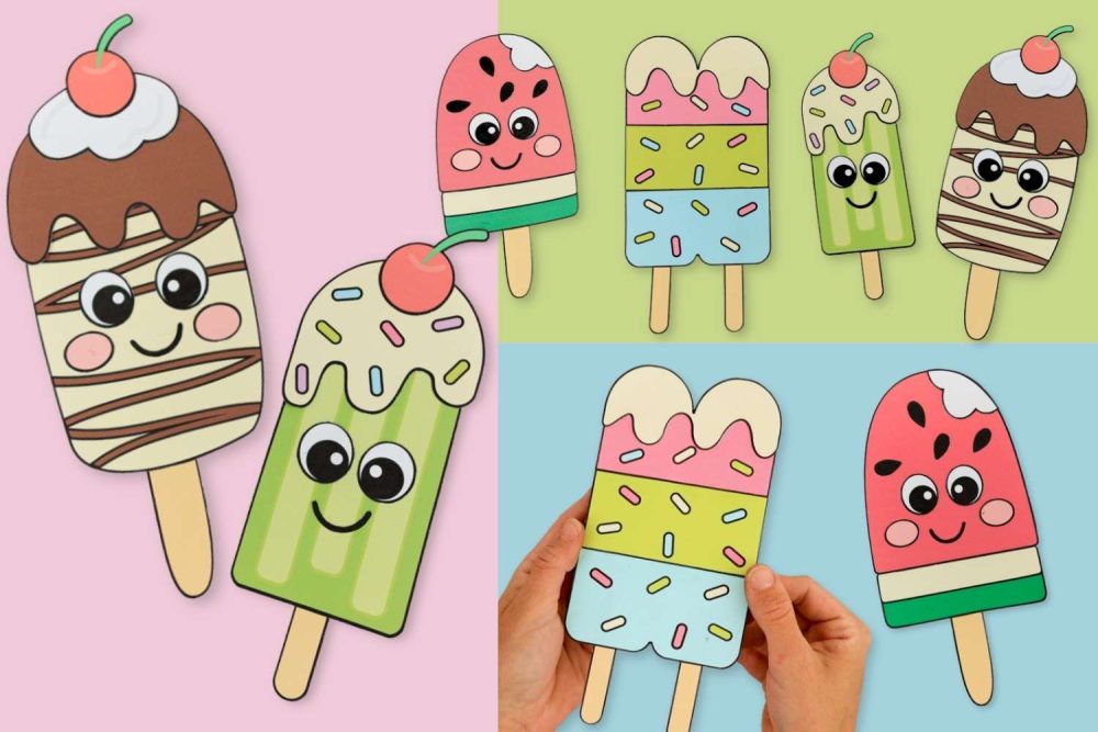 Cute summer popsicle craft for kids with printable lime, watermelon, chocolate, and twin popsicle paper craft PDF templates.