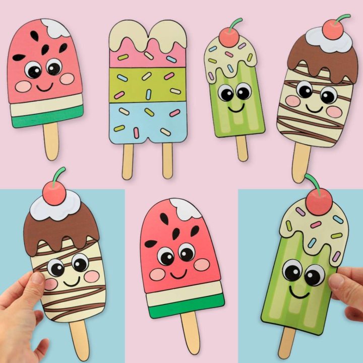 Easy popsicle craft for kids featuring lime, watermelon, chocolate, and twin popsicle characters with a free PDF printable template.