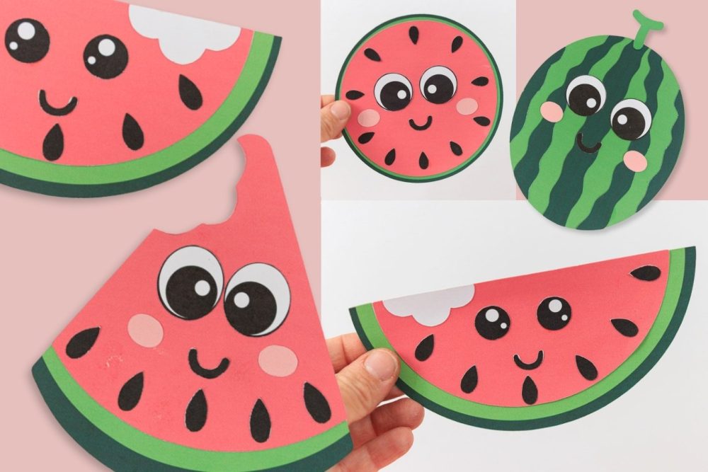 Fun watermelon craft for kids with smiling watermelon slices, free PDF printable templates, and easy summer craft ideas.