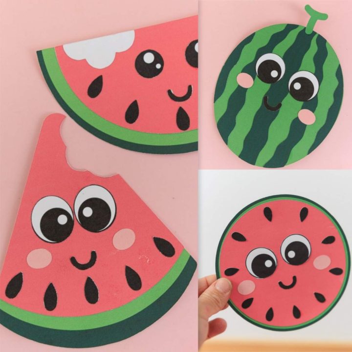 Easy watermelon craft for kids with cute watermelon characters, free PDF printable template, and summer craft activity.