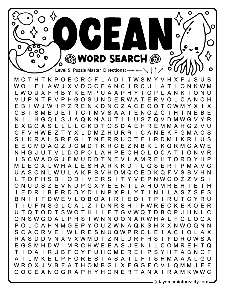 Expert Ocean Word Search free printable with 50 words for teens and adults for strong readers, teens, and adults.