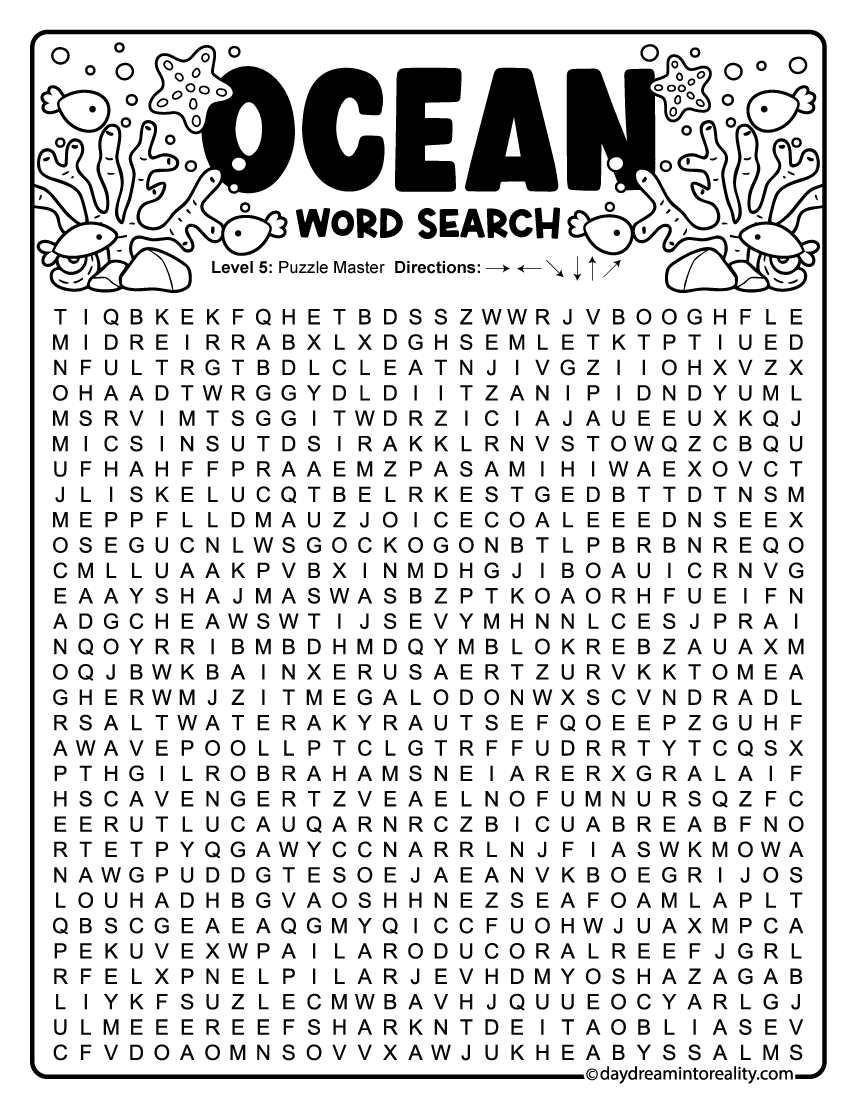 Hard Ocean Word Search printable puzzle with 50 words for teens and adults for strong readers, teens, and adults.