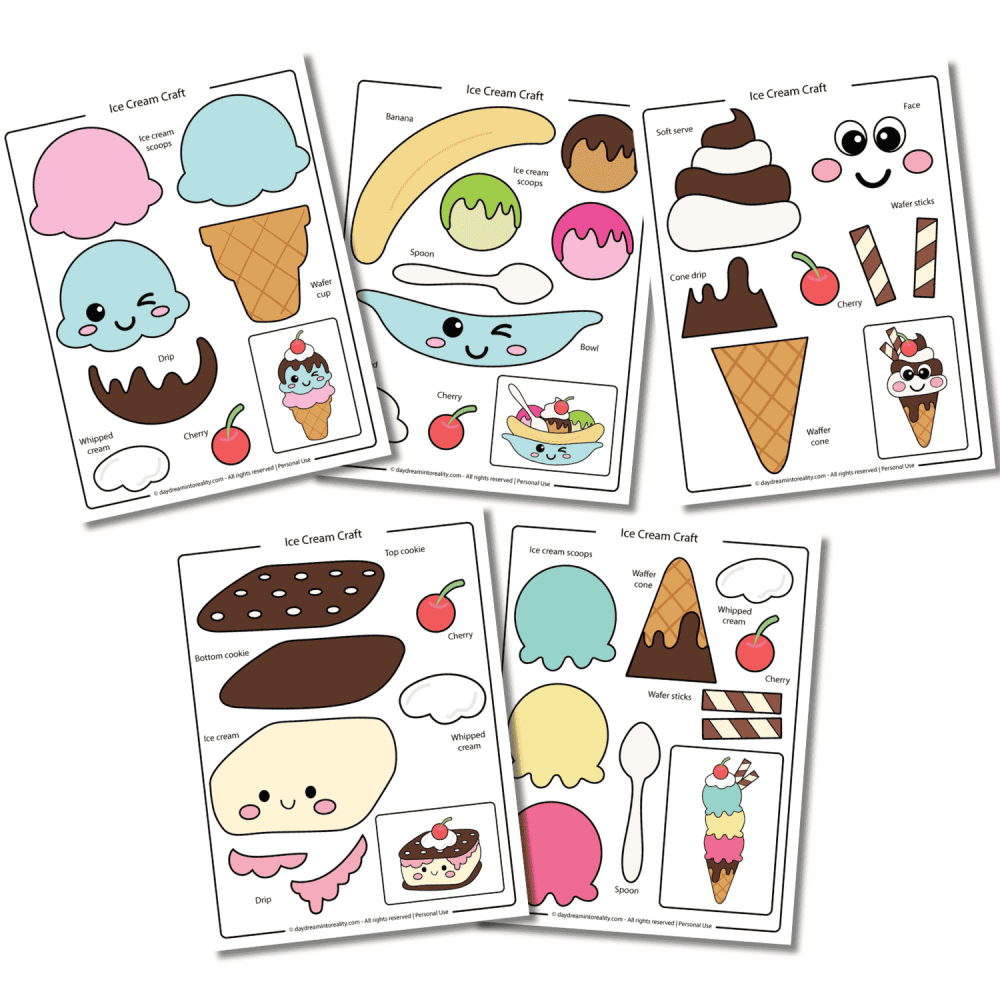 Easy free PDF printable ice cream craft template for kids in color.