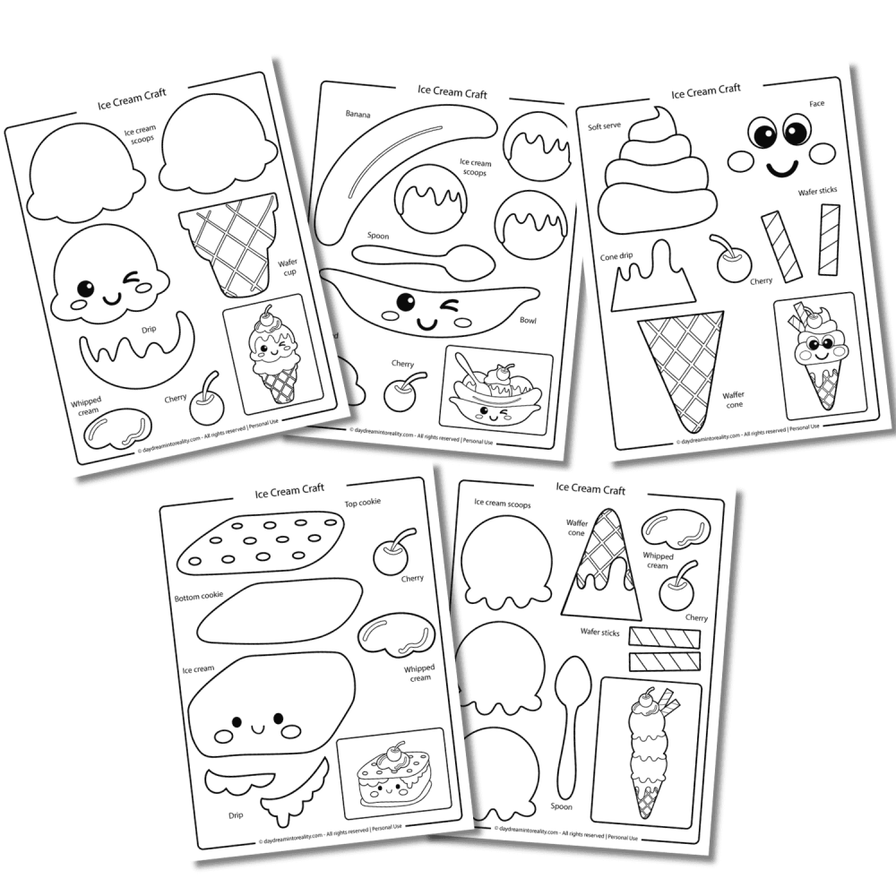Easy free PDF printable ice cream craft template for kids for coloring.