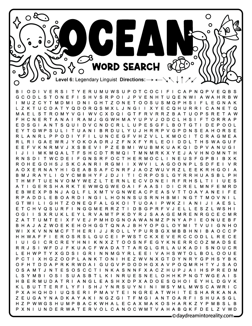 Impossible Ocean Word Search printable puzzle with 100 words for teens and adults for advanced readers, teens, and adults.