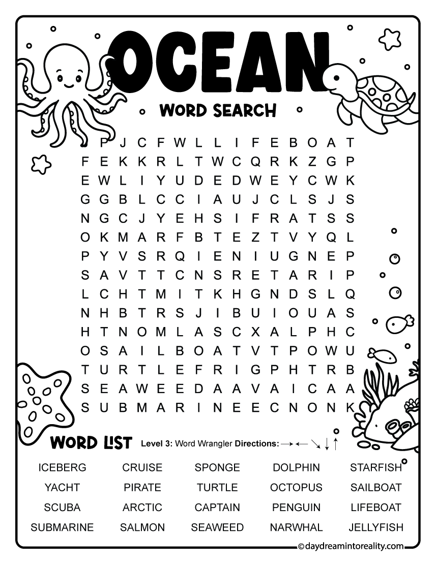Medium Ocean Word Search printable puzzle with 20 words for elementary students, first grade, and second grade.