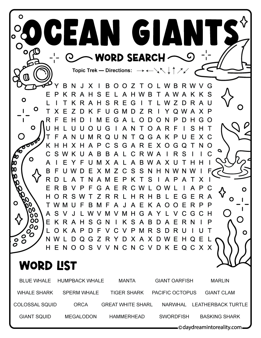 Ocean Giants (Animals) Word Search printable puzzle with 20 themed vocabulary words for classroom, homeschool, and vocabulary practice.