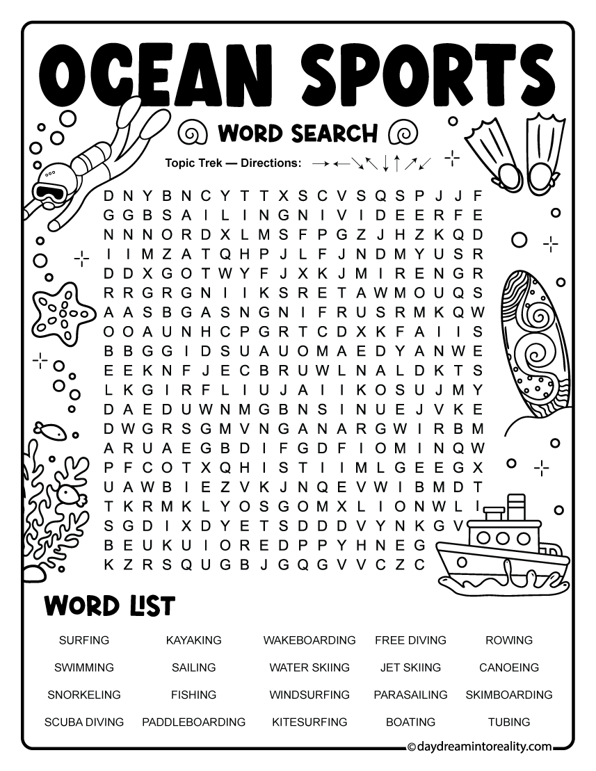 Ocean Sports & Water Activities Word Search free printable with 20 themed vocabulary words for classroom, homeschool, and vocabulary practice.
