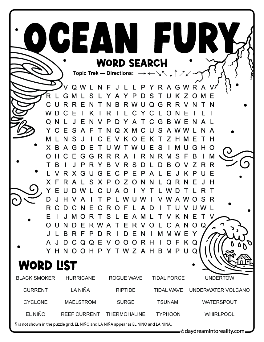 Ocean Storms & Natural Disasters Word Search free printable PDF with 20 themed vocabulary words for classroom, homeschool, and vocabulary practice.