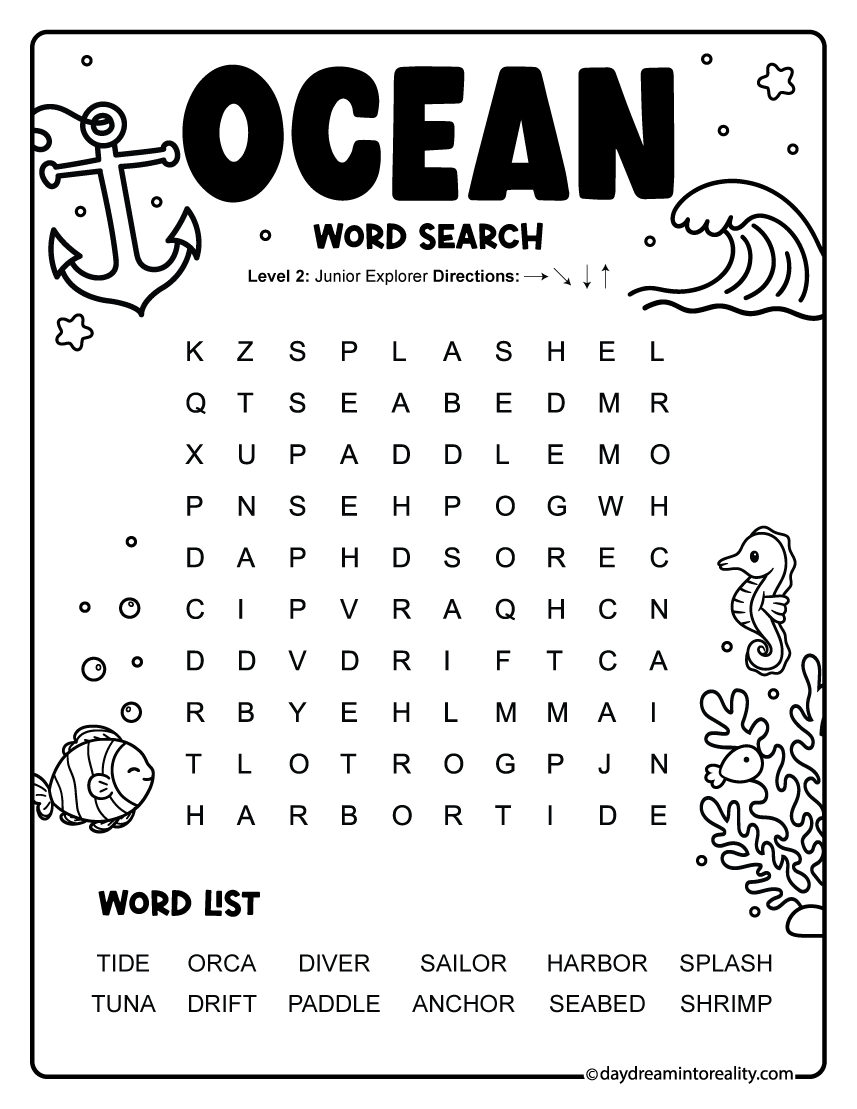 Ocean Themed Word Search free printable PDF with 12 words for kindergarten and first grade.