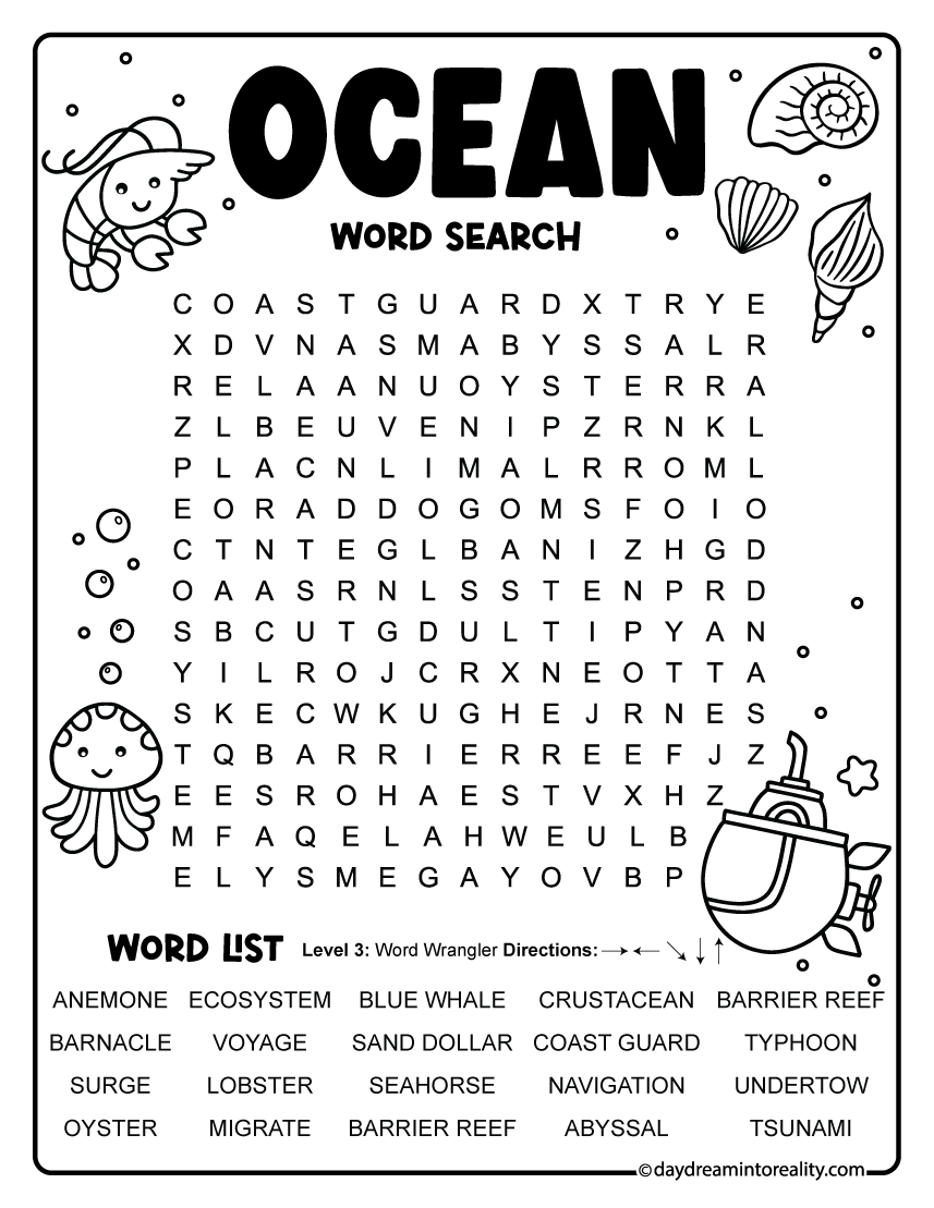 Ocean Word Search printable puzzle with 20 words for summer for elementary students, first grade, and second grade.