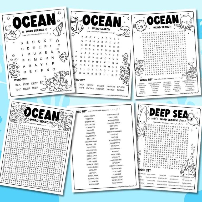 Ocean Word Search free PDF page pack with multiple difficulty levels from early readers to teens and adults.