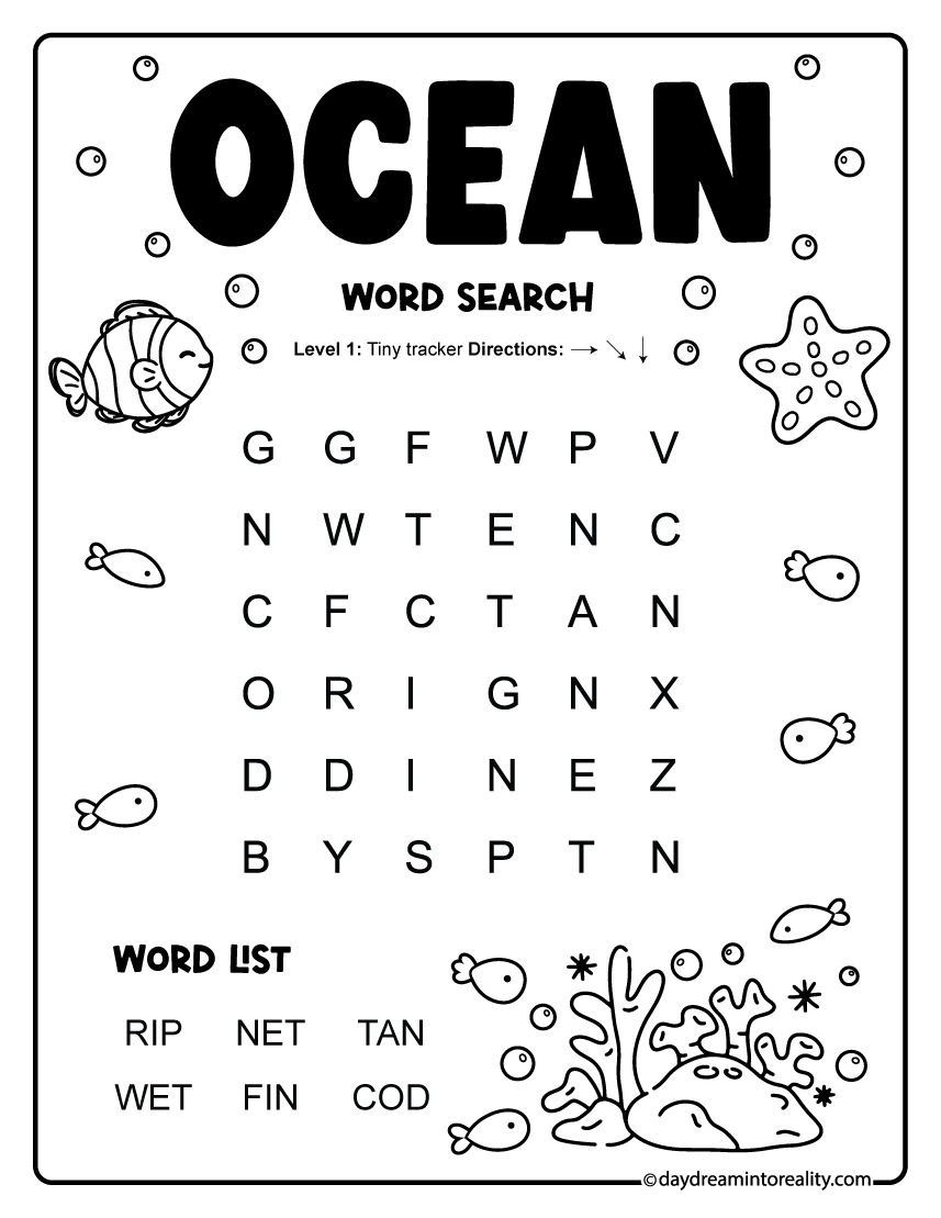 Ocean Word Search free printable with 6 CVC words for early readers and kindergarten.