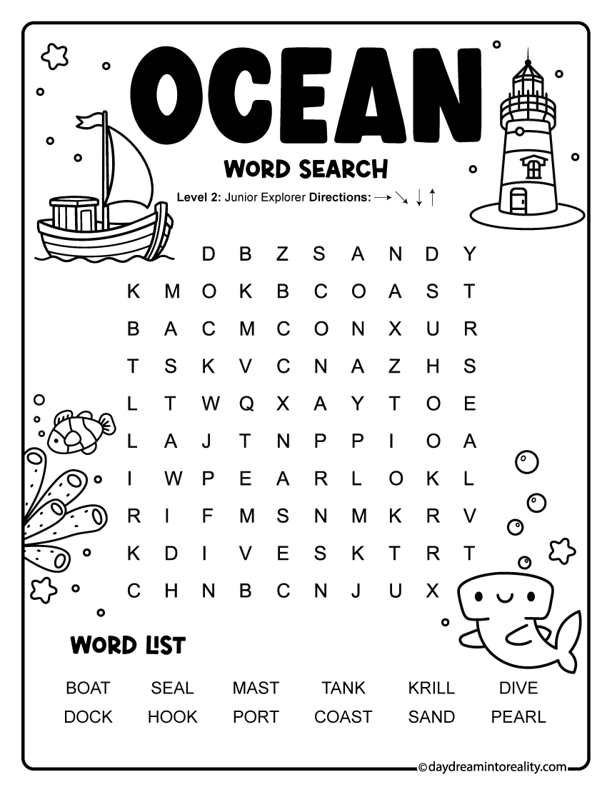 Ocean Word Search free printable with 12 words for summer for kindergarten and first grade.