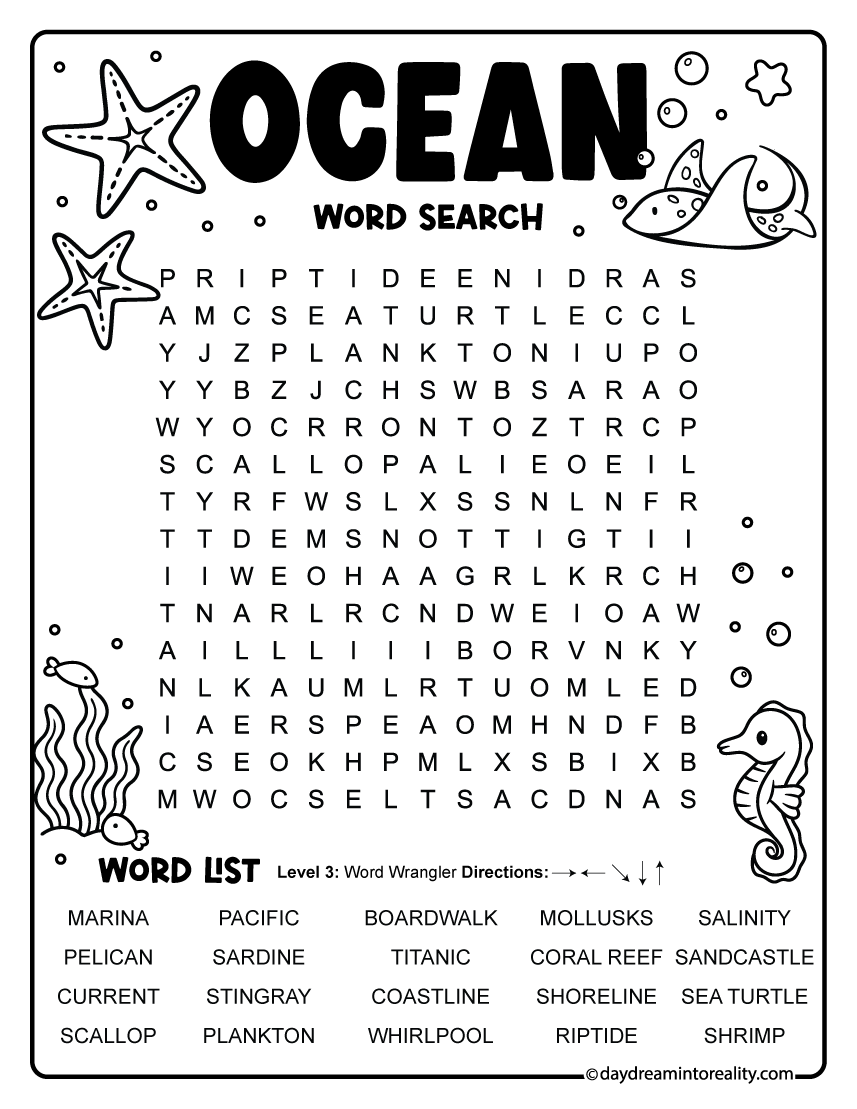 Ocean Word Search printable puzzle with 20 words for elementary students, first grade, and second grade.