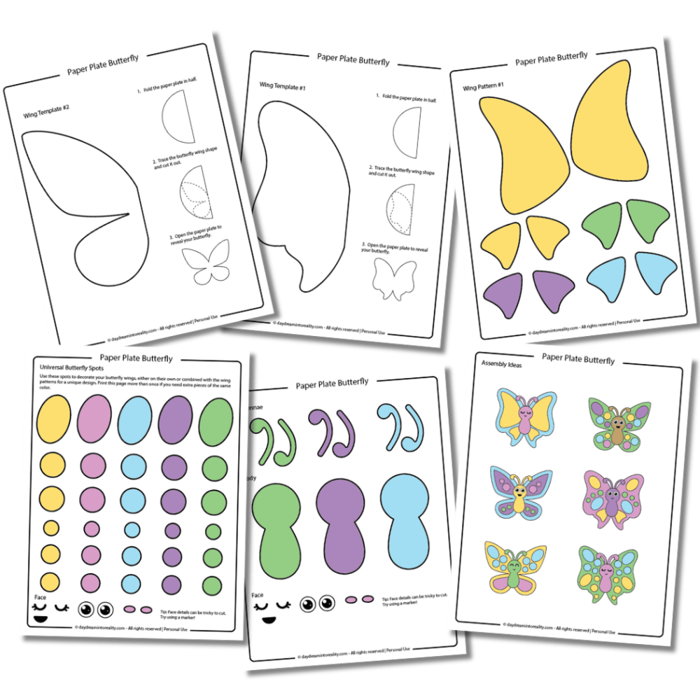 Paper plate butterfly printable template in PDF format color version.