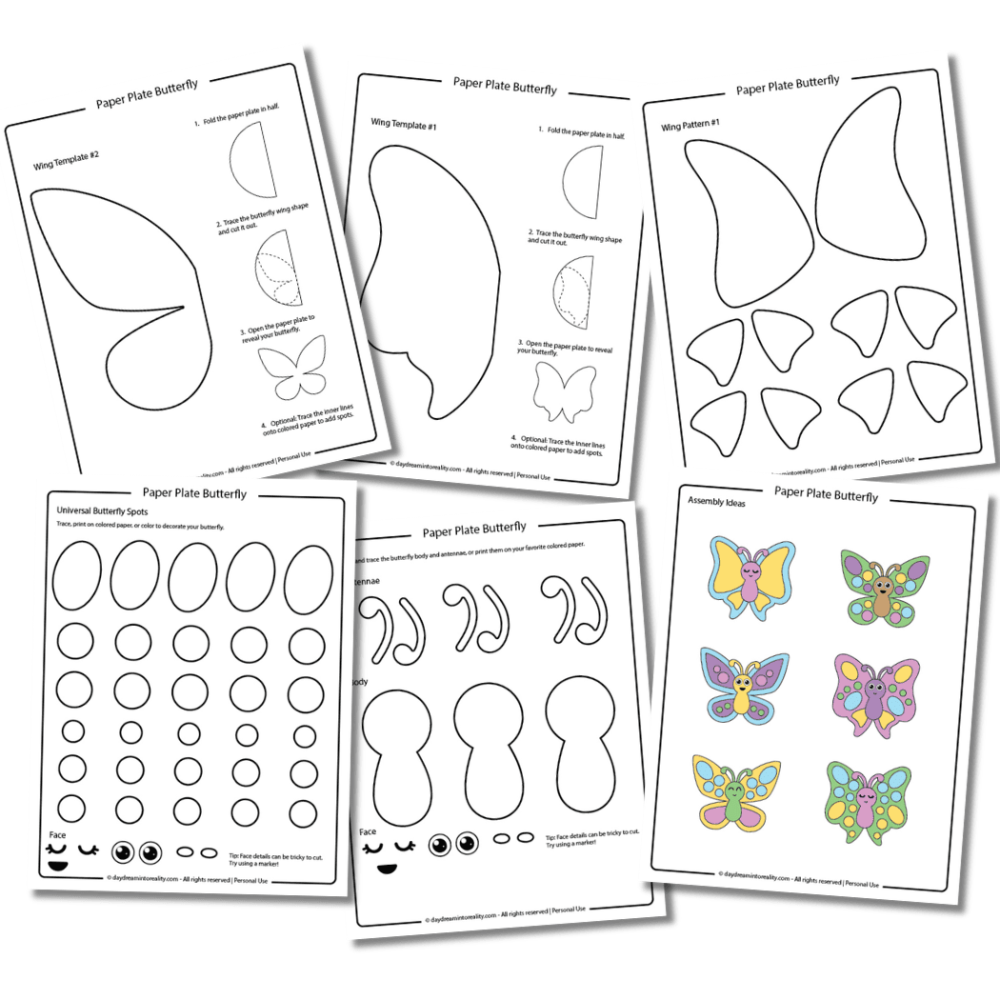 Paper plate butterfly template in PDF format for coloring or to print in different paper colors.