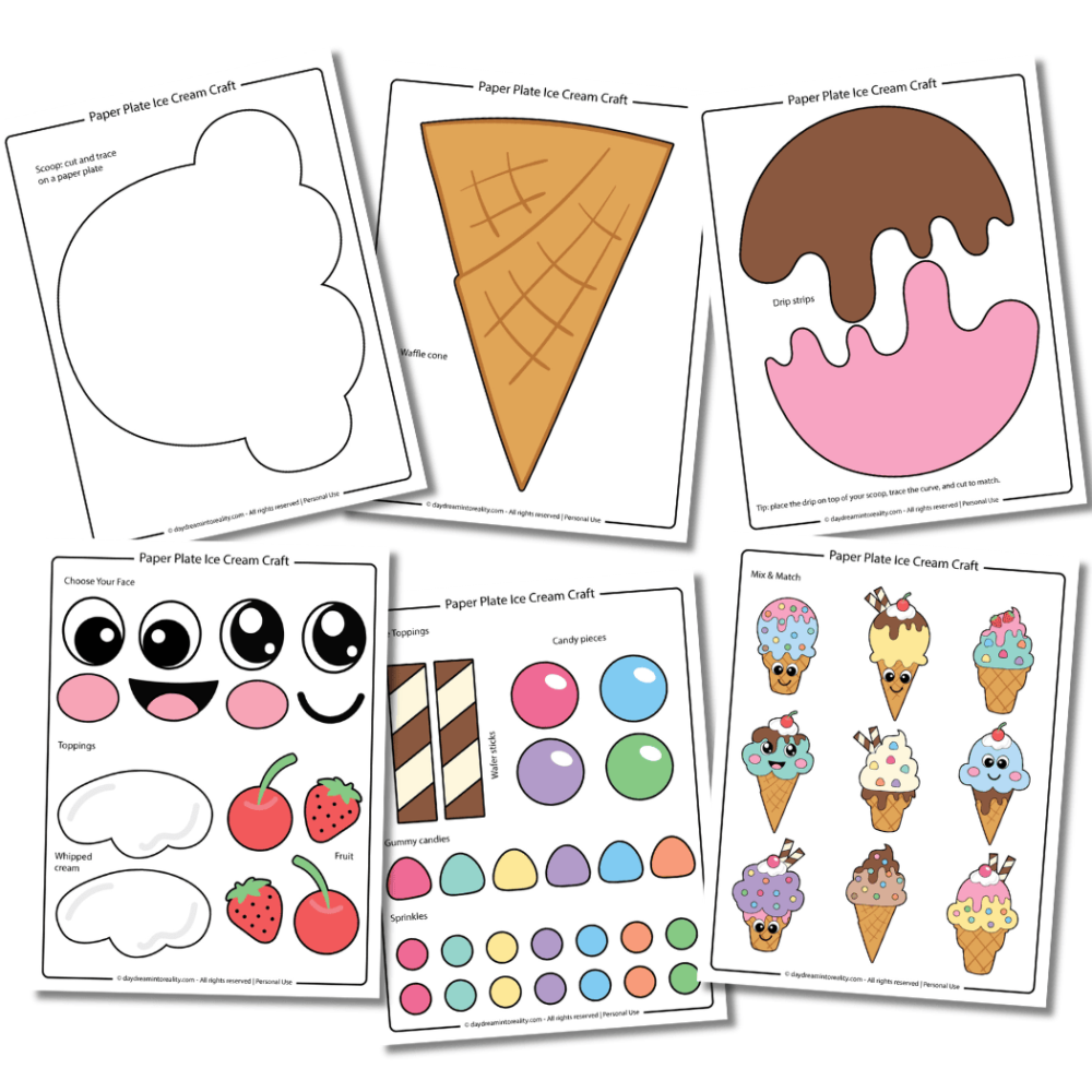 Free paper plate ice cream craft PDF printable template in color.
