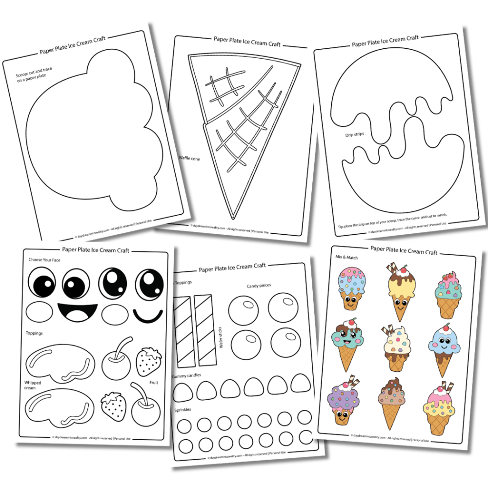 Free paper plate ice cream craft PDF printable template in coloring format.