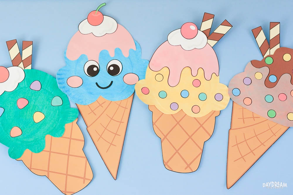 Paper plate ice cream craft ideas with colorful scoops, sprinkles, cherries, and waffle cones for kids.