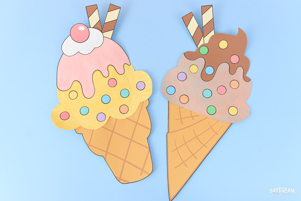 Paper plate strawberry vanilla and chocolate ice cream crafts.