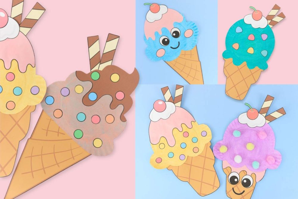 Cute paper plate ice cream craft ideas with colorful waffle cones and toppings for kids.