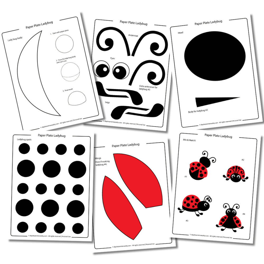 Lady bug paper plate template in color for small kids (preschool, pre-k, and kindergarten).