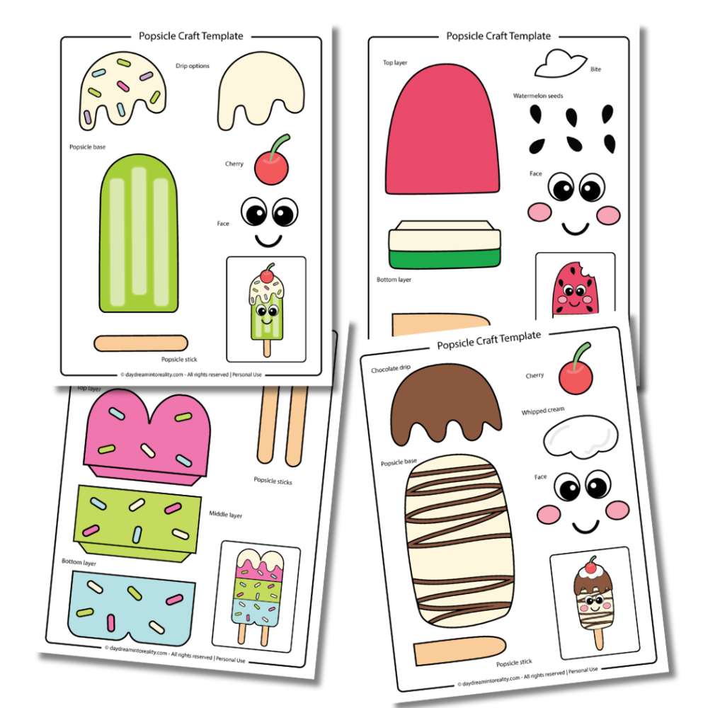 Easy, free, printable PDF popsicle craft template for kids in color.