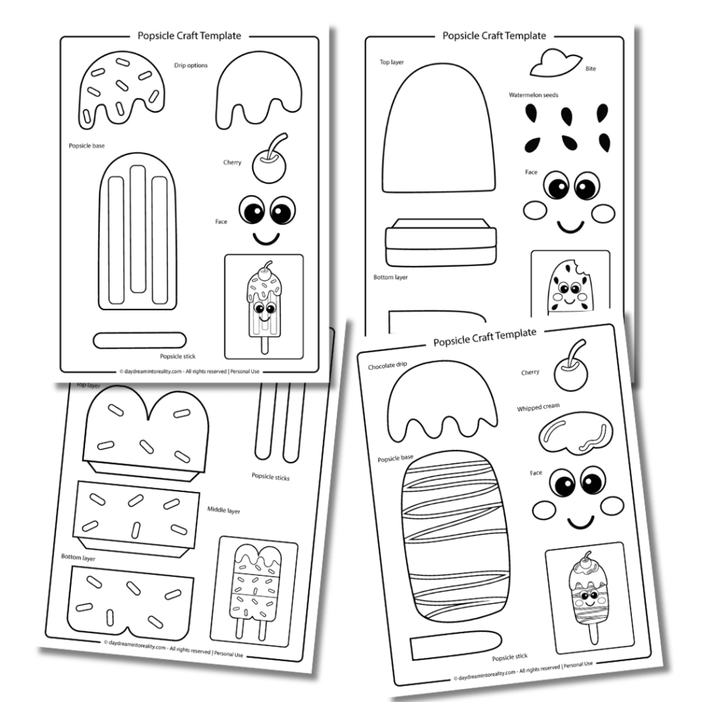 Easy, free, printable PDF popsicle craft template for kids to color.