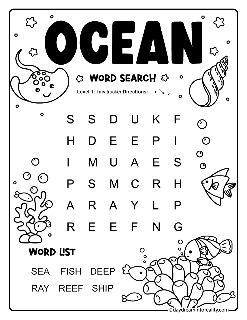 Simple Ocean Word Search free PDF page with 6 words for early readers and kindergarten.