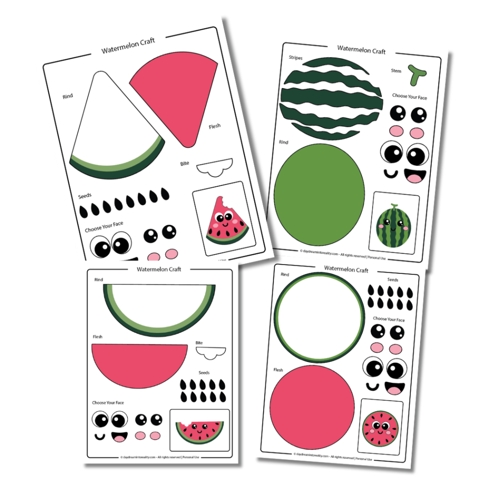 Easy free PDF printable watermelon craft template for kids in color.