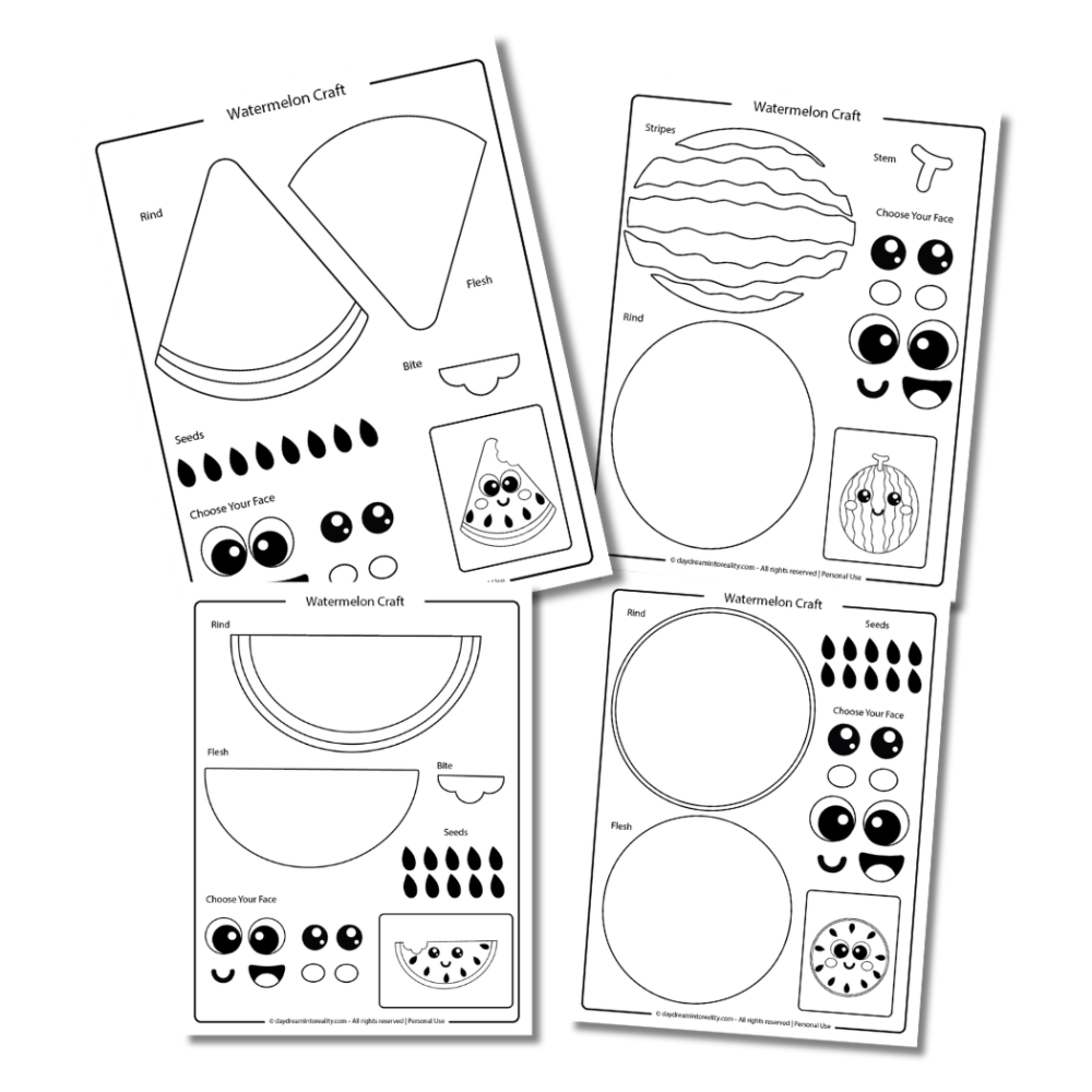 Easy free PDF printable watermelon craft template for kids for coloring.