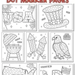 Free 4th of July dot marker pages with American flags, eagles, Liberty Bell, fireworks, and patriotic summer treats