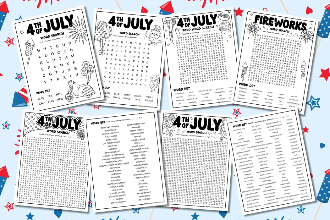 Free printable 4th of July word search pack featuring 15 puzzles from easy CVC word searches to giant 100-word challenges. Includes patriotic vocabulary, American symbols, history, fireworks, food, and Independence Day themed puzzles for kids, teens, and adults.