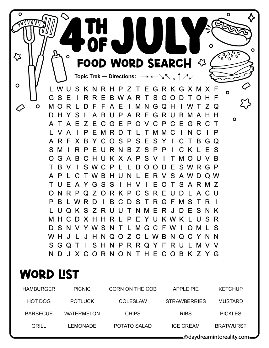 4th of July food word search with 20 words featuring hamburgers, hot dogs, watermelon, lemonade, barbecue favorites, and picnic foods. Free printable PDF Independence Day Topic Trek puzzle.