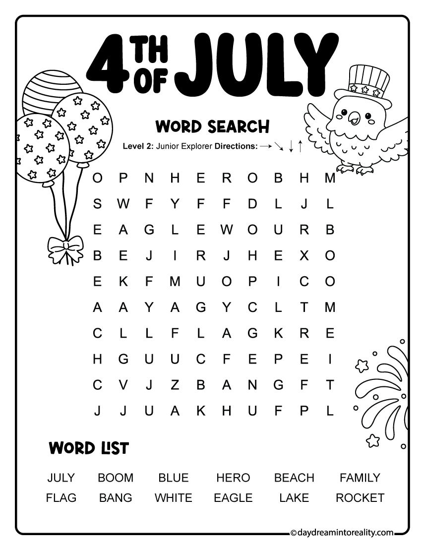Easy 4th of July word search with 12 patriotic words featuring family celebrations, American symbols, and holiday vocabulary. Free printable Independence Day puzzle for elementary students.