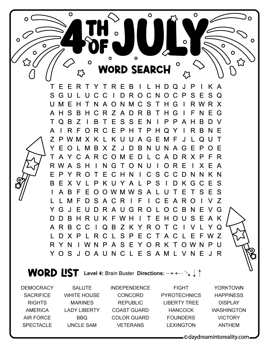 Advanced Independence Day/4th of July word search with 30 challenging words featuring patriotic vocabulary, historical references, and American landmarks.